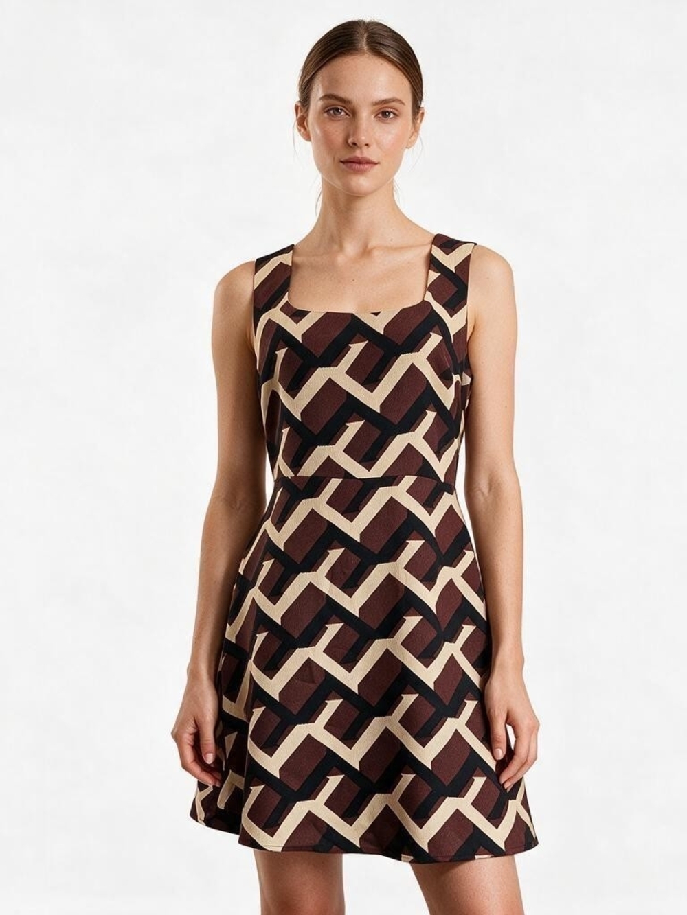 NWT Lulus Dina Burgundy Geometric Abstract Print Square Neck Dress Large